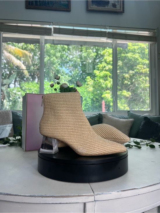 CECELIA NEW YORK Shoes - Cecelia New York Woven Beige Ankle Boots with Lucite Clear Block Heel